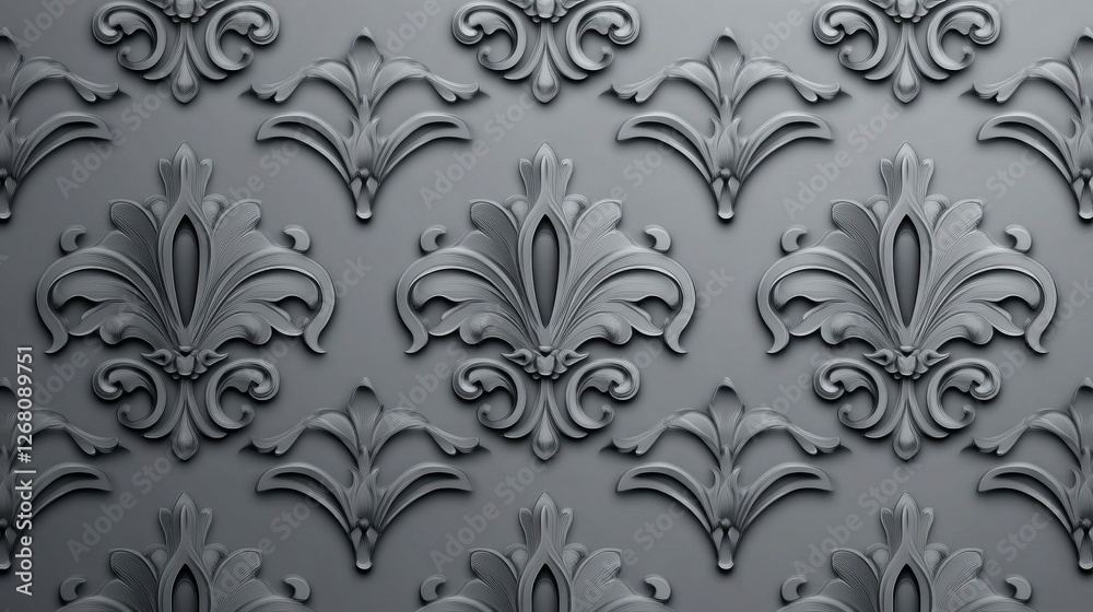 Elegant Grey Background with Damask Pattern Featuring Luxurious Ornate Floral Motifs Elegant Grey Background with Damask Pattern Featuring Luxurious Ornate Floral Motifs
