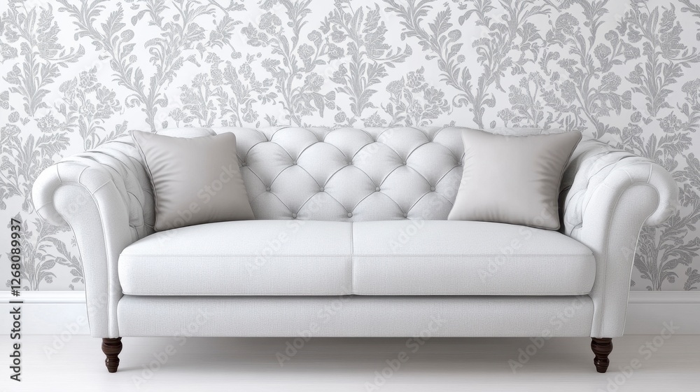 Fototapeta premium Elegant Grey Damask Patterned Couch with Two Pillows in a Stylish Interior Setting