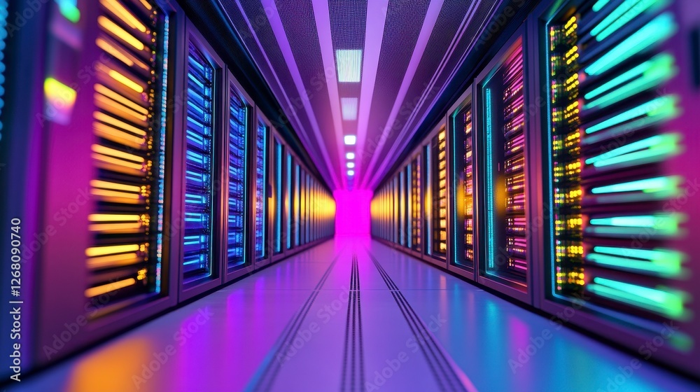 Fototapeta premium Illuminated Data Center in Cyberpunk Style featuring Rows of Servers with Neon Lighting