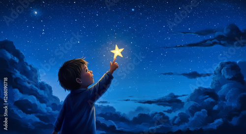 kid touching a star blue night sky with clouds illustration, children books