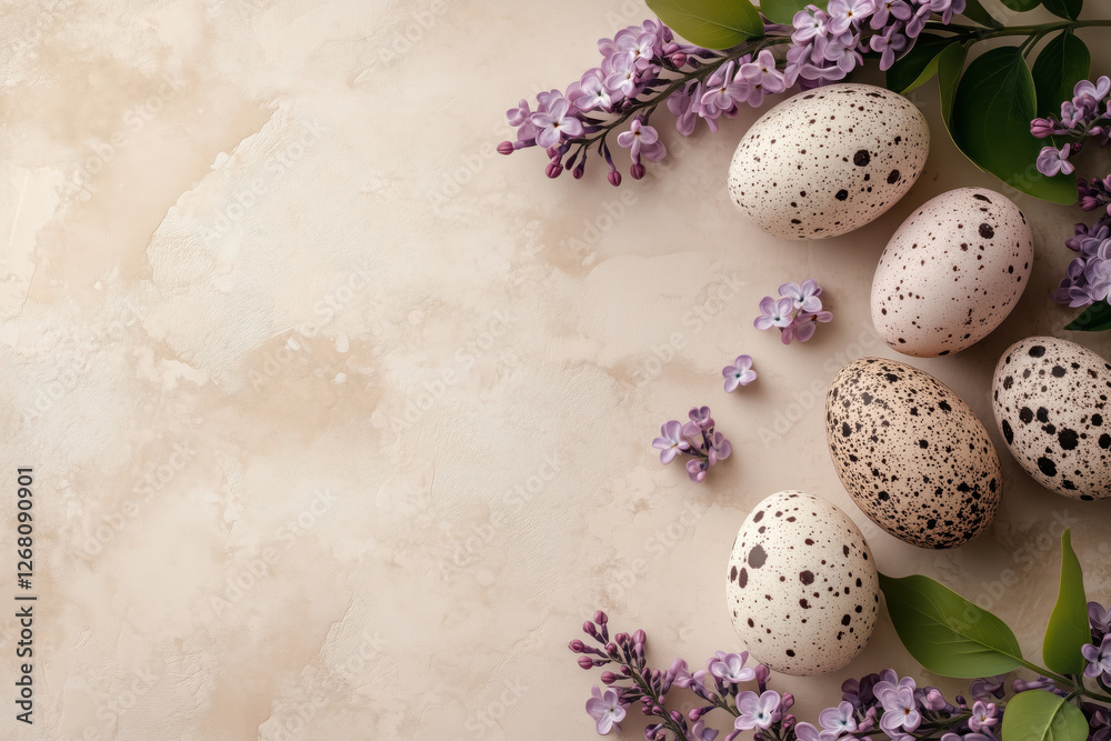 Obraz premium Pastel colored Easter eggs on a pink background with lilac blossoms - Easter background with space for text or design