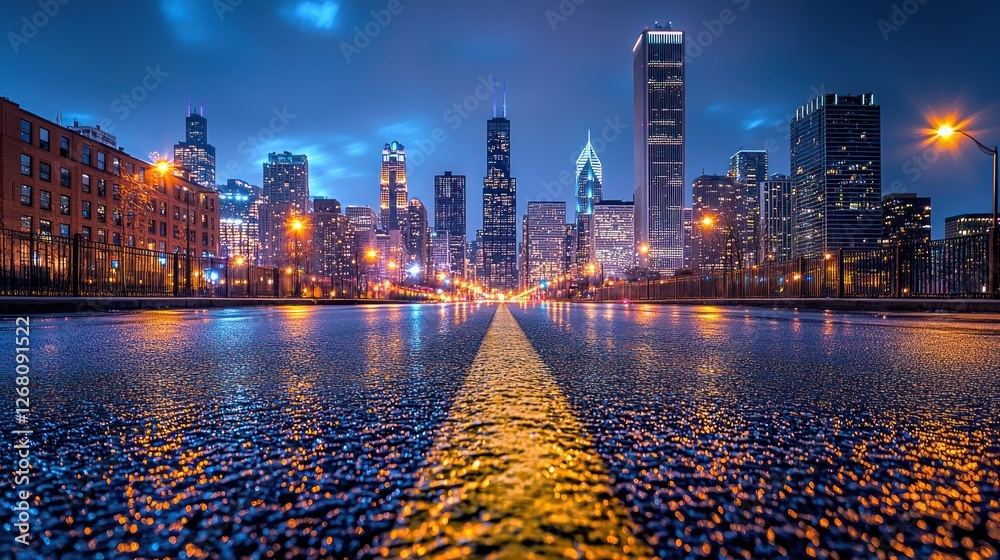 Obraz premium Nighttime Cityscape Showing Rain Reflecting on a Street