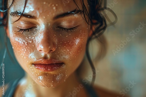 A determined woman takes a breather on a bench at the gym, sweat glistening on her face as she pushes through her workout.