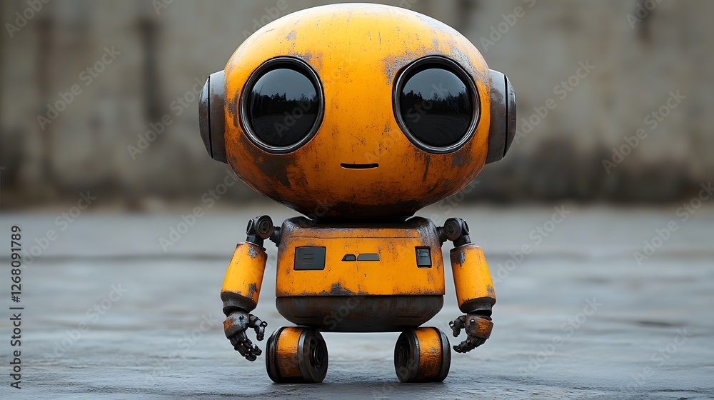 Rusty Yellow Robot with Large Reflective Eyes Standing on a Concrete Surface Rusty Yellow Robot with Large Reflective Eyes Standing on a Concrete Surface