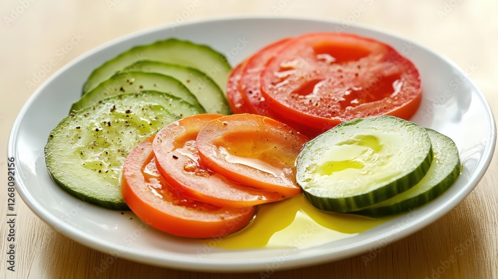 Fresh cucumber and tomato salad with olive oil and pepper on white plate Fresh cucumber and tomato salad with olive oil and pepper on white plate