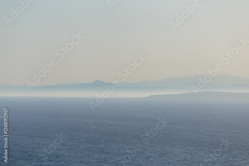 Sea and mountains in the fog on the Mediterranean sea in Cyprus