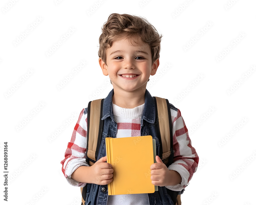 Smiling little boy wearing a school backpack and holding a book, ready for learning. Smiling little boy wearing a school backpack and holding a book, ready for learning.