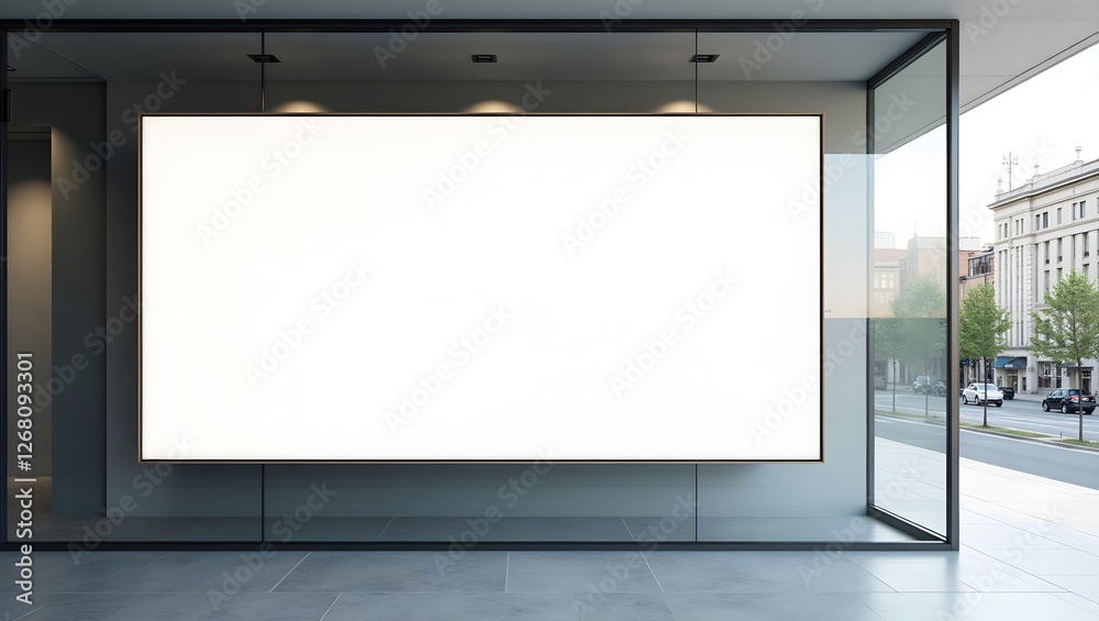 Fototapeta premium Blank white advertising billboard on glass wall of office building street view, poster display mockup