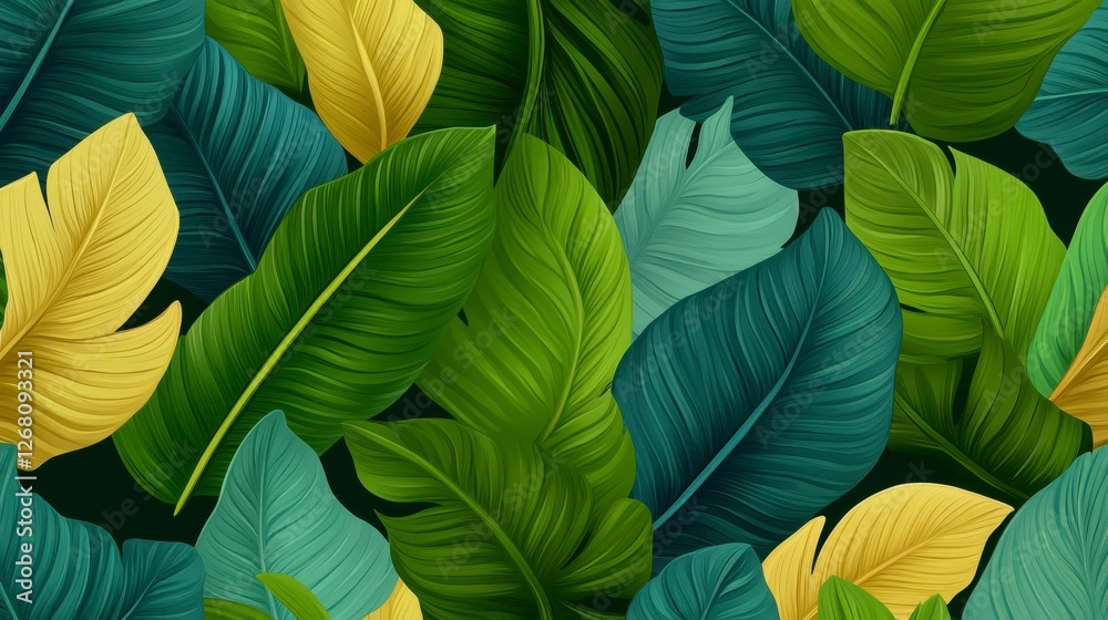 Obraz premium Seamless Lush Jungle Leaf Pattern in Vibrant Green Tones on Dark Background