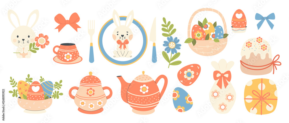 Easter spring decoration set. Cute holiday bunny with flower, paschal eggs, tableware teapot, cups, sugar bowl, food, vase and gift. Isolated festive party elements. Vector illustration Easter spring decoration set. Cute holiday bunny with flower, paschal eggs, tableware teapot, cups, sugar bowl, food, vase and gift. Isolated festive party elements. Vector illustration