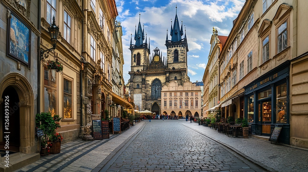 Fototapeta premium Church square cobblestone street, old town, Prague.