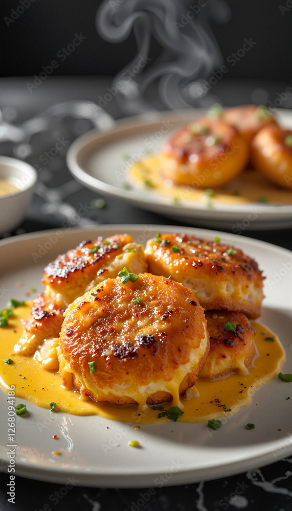 Deliciously fried Malakoff with cheese sauce, modern kitchen aesthetics Deliciously fried Malakoff with cheese sauce, modern kitchen aesthetics
