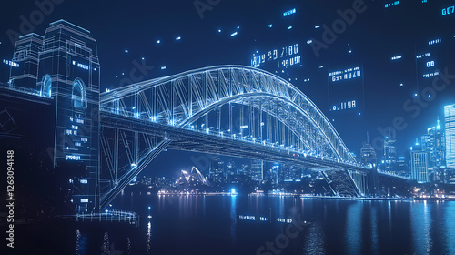 Bridge to the Future: A futuristic cityscape with a bridge illuminated with digital data, conveying a sense of progress and technological advancement.