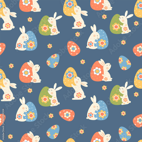 Easter Seamless pattern. Cute paschal bunny with decorative Egg and flowers on blue background. Holiday Vector illustration. Kids collection