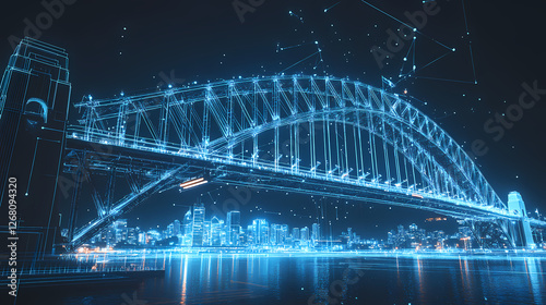 Sydney Harbour Bridge in Cyberspace: An iconic landmark, the Sydney Harbour Bridge is digitally transformed into a dazzling network of lines and nodes.