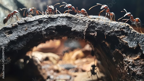 Ants on Dark Wood Bridge Natural Insect Macro Photography Wildlife Nature Closeup Detailed Tiny Crawling Forest Brown Red bug bugs free high black     photo