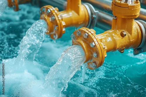 Industrial Metal Pipes with Valves Releasing Clear Water into a Blue Basin Outdoors photo