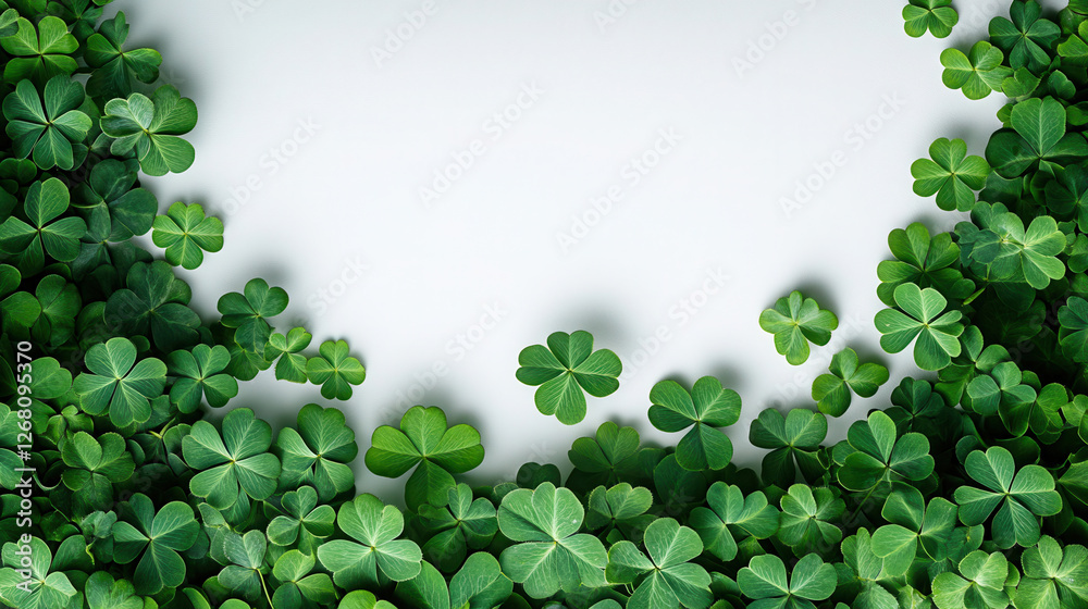 Fototapeta premium Celebrate St Patrick's Day with fresh clover leaves on a white background, perfect for festive designs and greetings.background, banner, flyer for business for St. Patrick's Day, fashion, clothes 