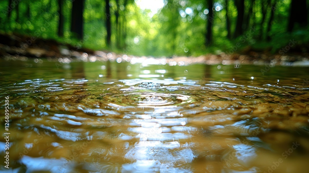Fototapeta premium Forest stream ripple, water droplet impact, shallow woodland creek, sunlight through trees