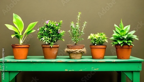 Cinco plantas en macetas sobre una mesa de madera verde photo