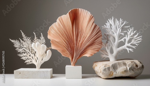 minimalist coral art installation series modern natural sea fan and white branch sculptures on geometric pedestals with limestone rocks against neutral background photo