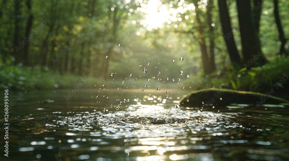Fototapeta premium Forest stream splashes, sunlight through trees, peaceful scene