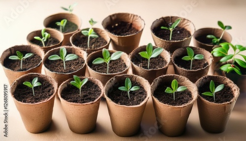 Wallpaper Mural small planting soil pots wrapped in kraft paper with small green seedlings plants growing a collage of green plants in pots sustainability minimalist concept Torontodigital.ca