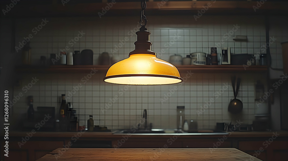 Obraz premium Warm kitchen pendant light illuminates countertop; rustic shelves in background; cozy home interior; ideal for home d?cor