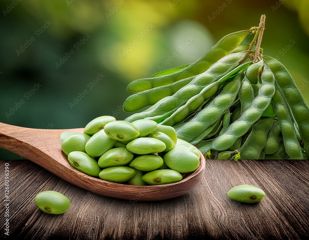 green popinac seed on wooden spoon with pods of leucaena leucocephala on bunch at the background leucaena acacia