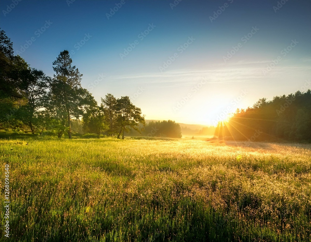 Obraz premium landscape with sun and forest and meadow at sunrise