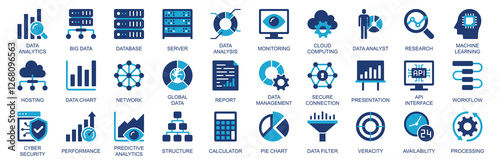 Data analytics icon set in flat duotone solid icons web design. Pack pictograms with database, server, analysis, monitoring, cloud computing, machine learning, hosting, other. Illustration.