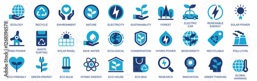 Wallpaper Mural Ecology icon set in flat duotone solid icons web design. Pack pictograms with recycle, environment, nature, electricity, sustainability, forest, electric car, renewable, other. Illustration. Torontodigital.ca