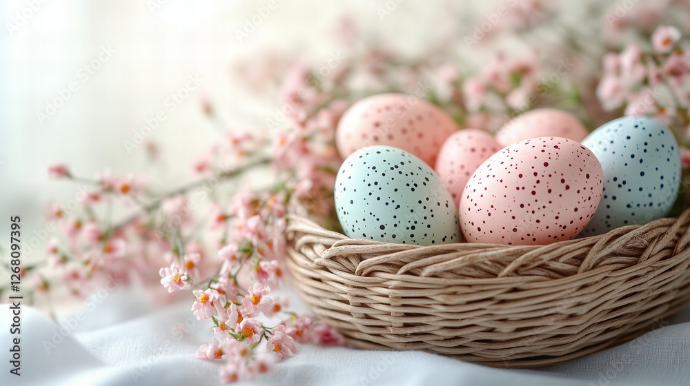 Pastel Easter Eggs in Woven Nest Surrounded by Pink Blossoms on White Cloth Pastel Easter Eggs in Woven Nest Surrounded by Pink Blossoms on White Cloth