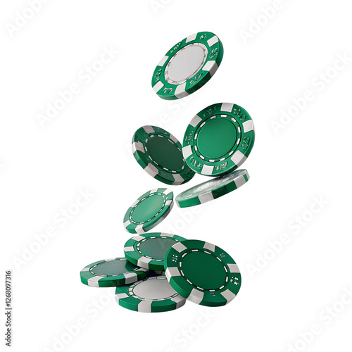 Falling green and white poker chips isolated on the transparent background. Gambling industry