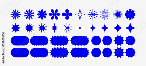 Star and Flower Shape Vector Elements. Abstract Retro Geometric Stickers. Y2K Modern Label Design