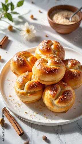 Golden-brown korvapuusti arranged artfully on marble countertop, indulgence photo