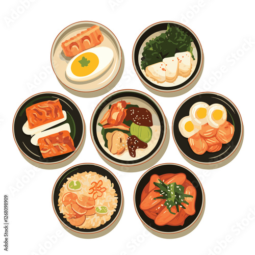 food, tasty, asian, delicious, cuisine, korean food, traditional, meal, vegetable, korean, dinner, lunch, bowl, restaurant, spicy, kimchi, healthy, dish, background, cooking, illustration, hot, rice, 