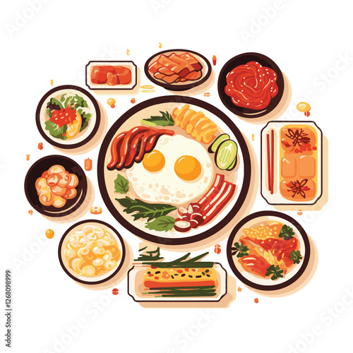 food, tasty, asian, delicious, cuisine, korean food, traditional, meal, vegetable, korean, dinner, lunch, bowl, restaurant, spicy, kimchi, healthy, dish, background, cooking, illustration, hot, rice, 