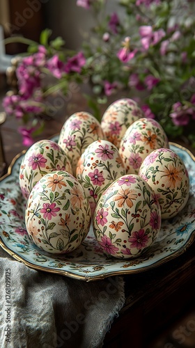 Wallpaper Mural Charming Antique Plate Showcasing Colorful Hand-Decorated Easter Eggs with Floral Designs, a Beautiful Centerpiece for Family Gatherings Torontodigital.ca