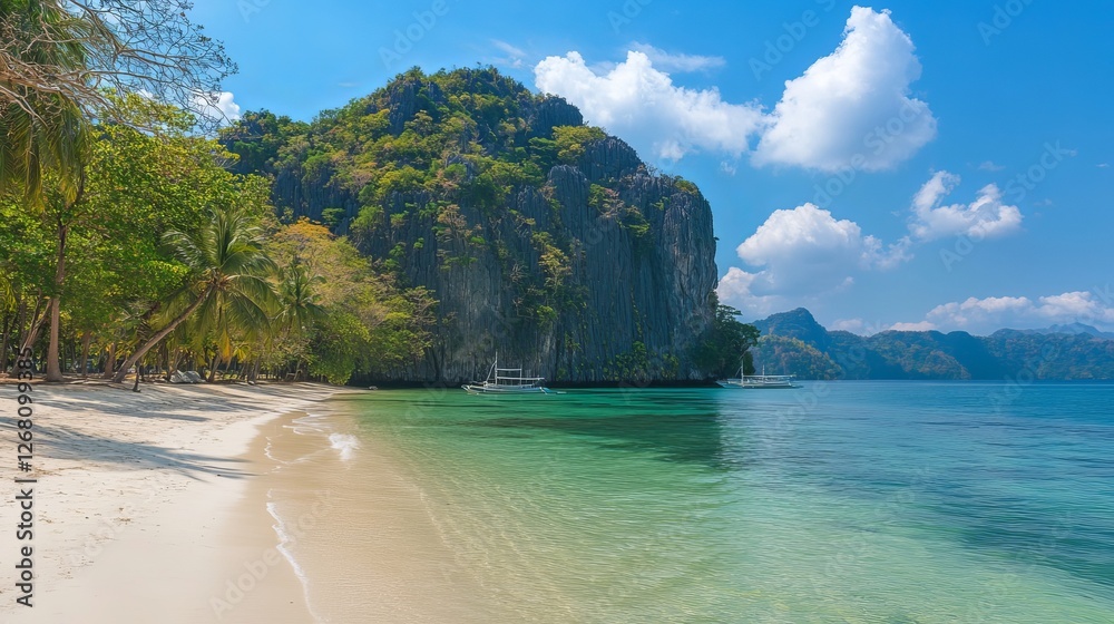 Obraz premium Stunning Tropical Beach Scene Turquoise Water White Sand Lush Palm Trees Dramatic Cliffs Sunny Day Island Paradise Vacation Getaway Exotic Travel 