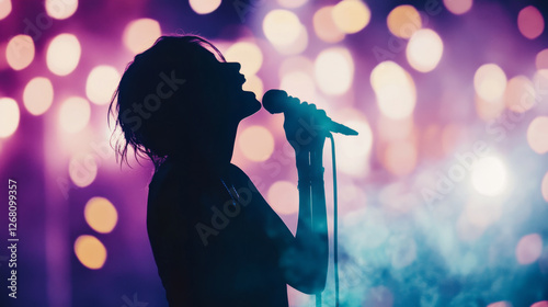 Silhouette of a Singer with Microphone and Bokeh Lights photo