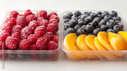 Frozen Mixed Berries and Peaches in Plastic Containers photo