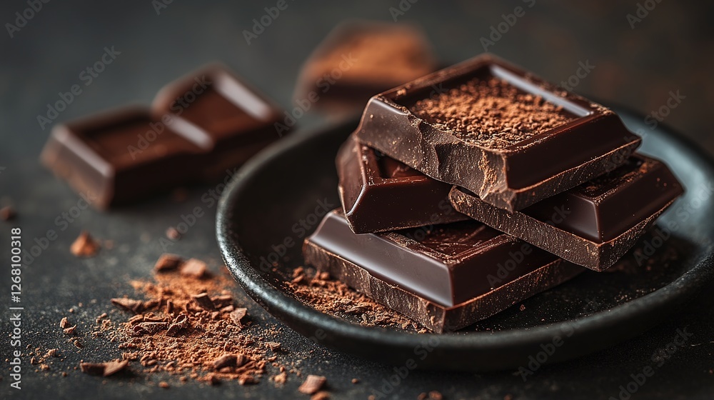 Chocolate cubes on dark background with cocoa powder and professional lighting Chocolate cubes on dark background with cocoa powder and professional lighting