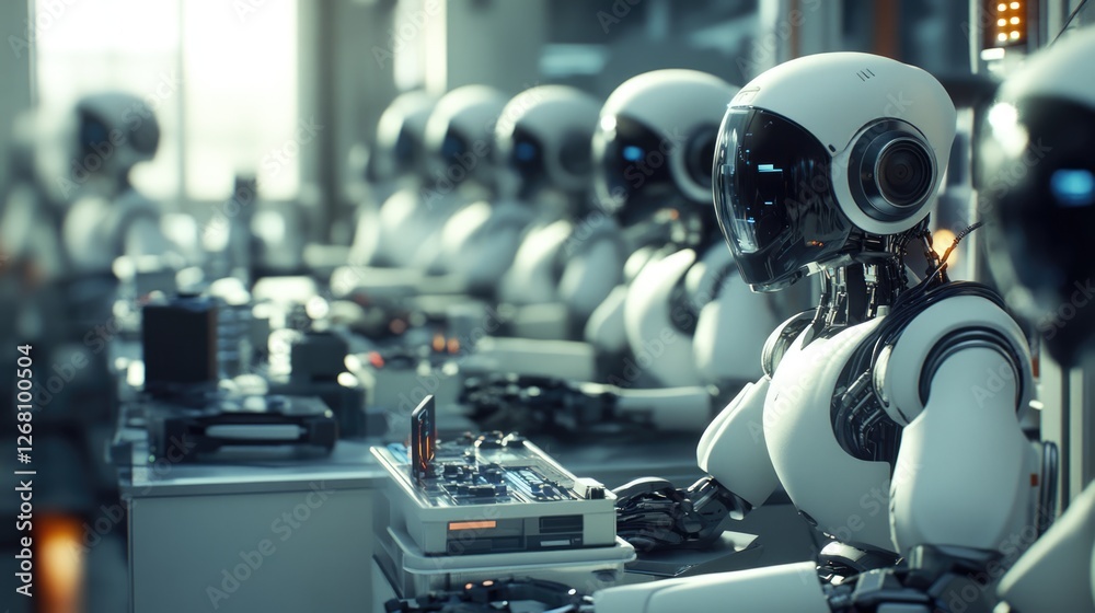 Rows of AI robots working in a futuristic factory setting Rows of AI robots working in a futuristic factory setting