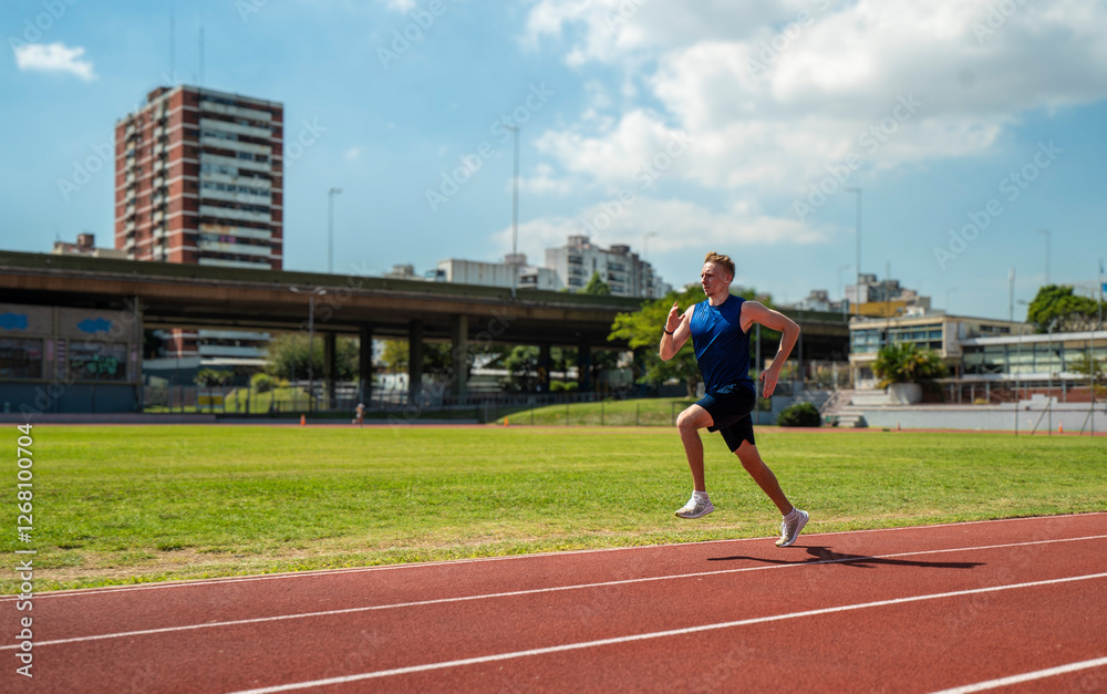 Fototapeta premium A man runs on a track with a blue shirt and black shorts