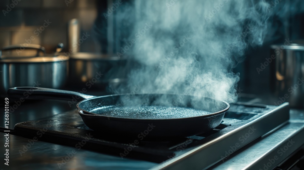 Steaming Cast Iron Skillet on a Professional Kitchen Stove Steaming Cast Iron Skillet on a Professional Kitchen Stove