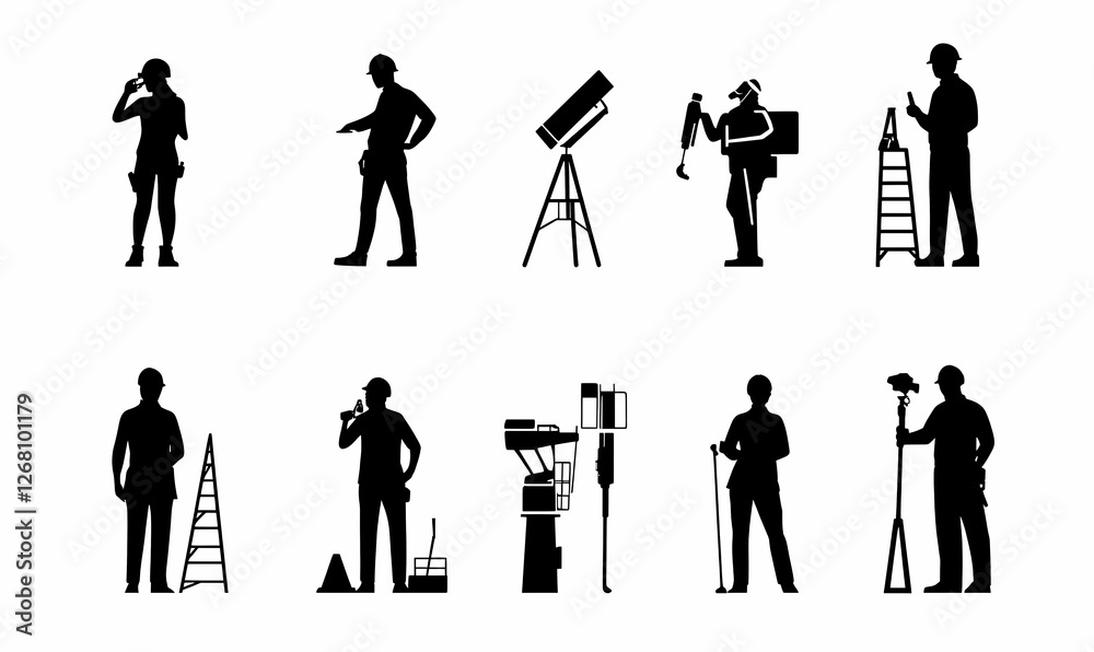 Construction Workers Silhouette Set: A collection of ten distinct silhouette illustrations depicting construction workers in various poses, including holding tools, using equipment. Construction Workers Silhouette Set: A collection of ten distinct silhouette illustrations depicting construction workers in various poses, including holding tools, using equipment.