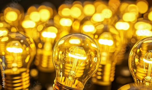 Abstract composition of lightbulbs glowing in warm yellow tones, sharp focus on filament details, dark background adding contras
