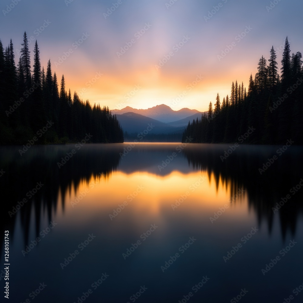 Calm lake at sunrise with mountain reflection Calm lake at sunrise with mountain reflection