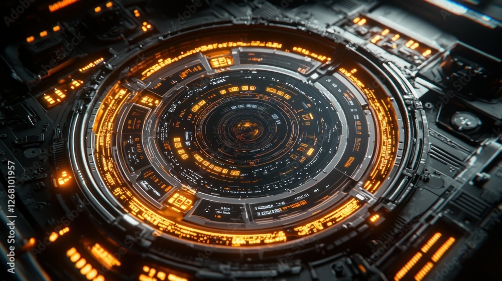Fototapeta premium Futuristic spaceship control panel glowing with orange lights